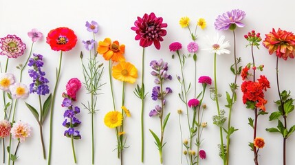 Bright and vivid flowers arranged elegantly on a pure white surface, perfect for any project.