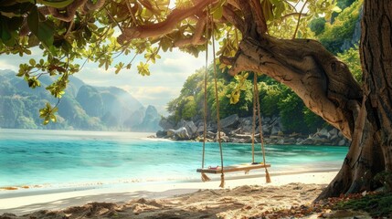 A wooden swing hangs from a tree on a beach, overlooking the water with boats sailing in the...