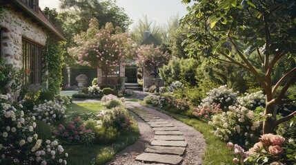 quaint English garden brimming with delicate blooms and charming stone pathways.