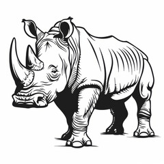Fototapeta premium Black and white line art illustration of a rhinoceros standing, showing detailed body contours.