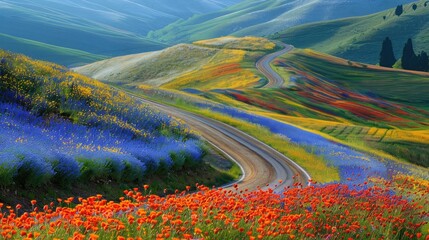 rural road winding through fields of blooming flowers, painting the landscape in vibrant colors. - Powered by Adobe