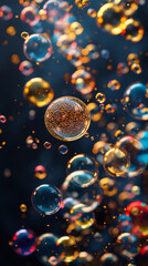 Glimmering bubbles gracefully float across a mysterious dark background, shimmering and reflecting light in a mesmerizing display