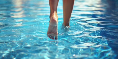 Closeup young female leg in clear blue water in swimming pool, copy space background. 