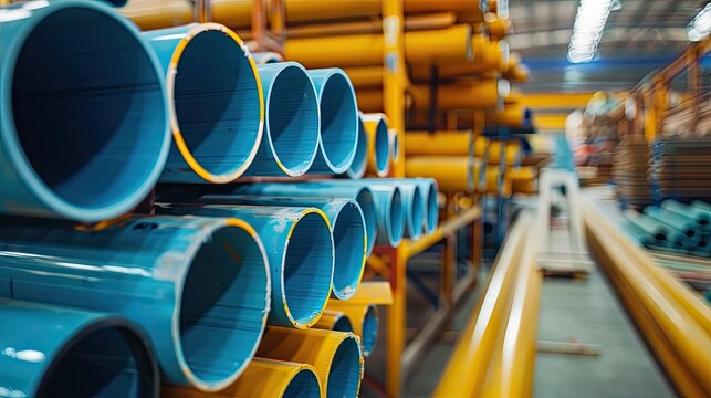 A large stack of blue pipes are on display in a warehouse. The pipes are arranged in a neat row, and the warehouse is brightly lit. Scene is one of organization and efficiency