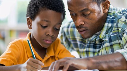 Guiding Light: A father helping his son with homework,Father Supports Son's Learning Journey (Supportive Dads)