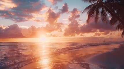 Dreamy sunset over a tranquil beach, perfect for travel agencies and vacation destination