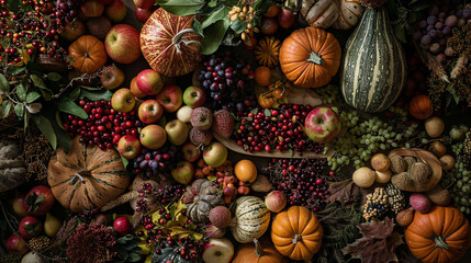 Overhead view of a bountiful harvest spread featuring gourds apples and cranberries set against a warm autumn backdrop