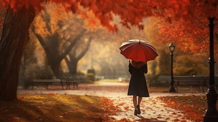 A girl walks with a bright umbrella in the autumn park realism natural light. Fall season concept.