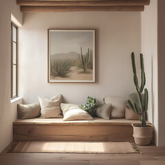 Sofa Bench in a Modern Southwest Home, Adorned with Framed Print of Cacti and Mountains