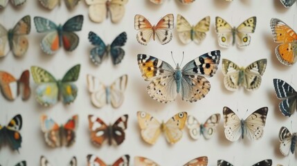Fototapeta premium Many different butterflies on a white background. The concept of collecting butterflies. Lepidopterophilia