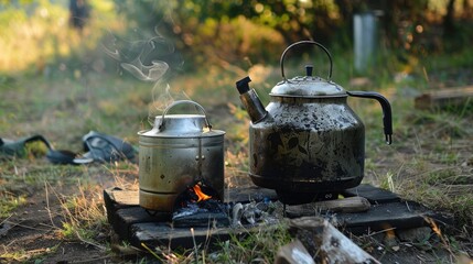 Outdoor camping equipment close stove kettle
