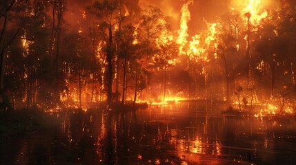 A forest fire is burning in the background of a lake. The fire is orange and the water is reflecting the flames
