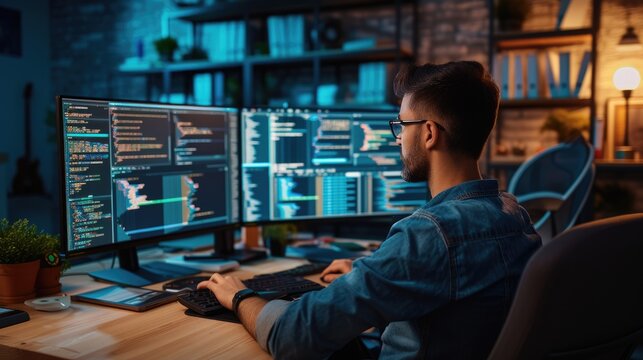A software developer works on code late into the night, illuminated by the glow of multiple computer screens in a modern office. AIG41