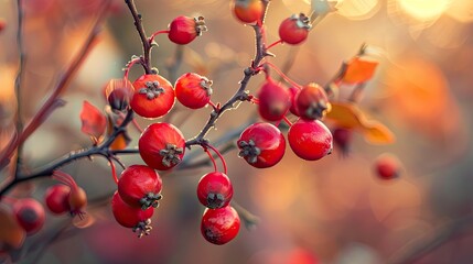 A branch of red berries with a blurry background