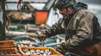 Oyster fisherman working on a boat in Scotland