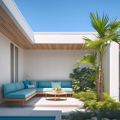 Exquisite Outdoor Living Space Featuring Pastel Blue Furniture and Stylish Palm Trees