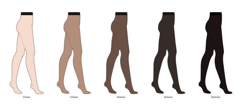 Set of different Den Denier Opaques Tights Pantyhose on legs. Fashion accessory clothing technical illustration stocking. Vector side view for Men, women unisex style, flat template CAD mockup sketch