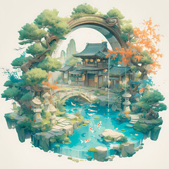 Tranquil Asian-themed garden with traditional teahouse, stone bridge, koi pond, and natural beauty.