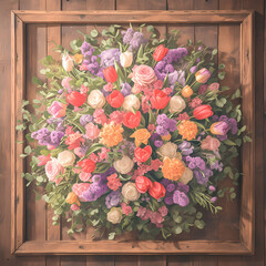 Lavish Floral Arrangement with Tulips and Roses in an Antique Picture Frame