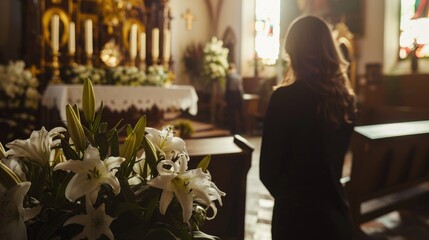 people and mourning concept - woman with white lily flowers