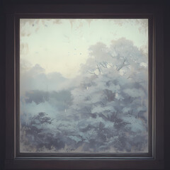 Majestic Snow-covered Landscape Seen Through an Old Weathered Wooden Frame - A Captivating Winter Scene