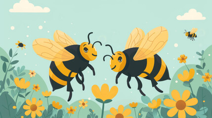 Illustration of two honeybees interacting and pollinating bright yellow flowers under a sunny sky.