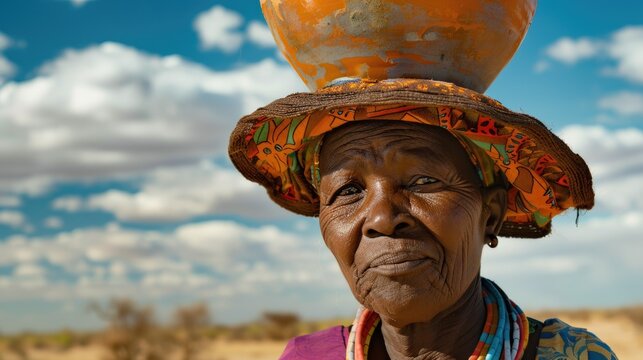 Portrait of herero woman in african desert with tradition