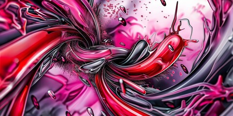 An abstract painting featuring dynamic red and black swirls creating a sense of movement and energy