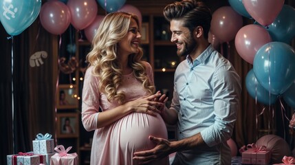 Happy couple at a gender reveal baby shower. Baby gender reveal concept. Boy or girl.
