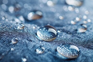 Fototapeta premium A close up of a blue fabric with water droplets on it. The droplets are small and clear, and they are scattered all over the fabric. Concept of calmness and tranquility