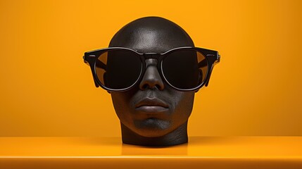 A mannequin of a black male head with black glasses on orange background
