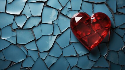 Broken red glass heart on blue flat background copy space top view. Conceptual image of broken heart. Valentines day concept.