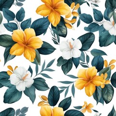 Fototapeta premium Botanical pattern with yellow and white hibiscus flowers and leaves on white background 1:1