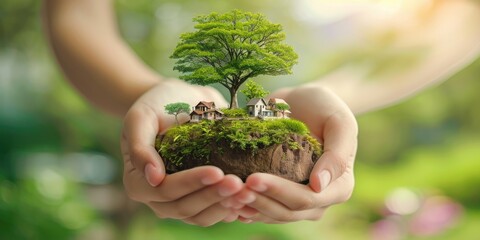 Hands holding house model with green moss on nature background. Concept of eco-friendly lifestyle