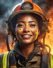 ethnic female  firefighter face covered in soot, with smoke and flames in the background.