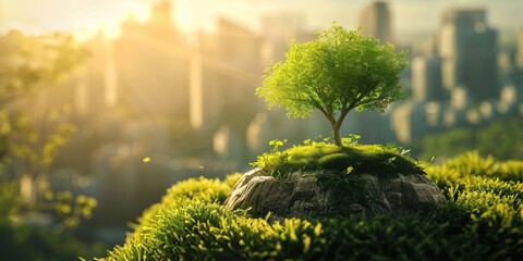 Green tree growing on moss in the garden with sunlight and city background. Eco friendly concept - Powered by Adobe