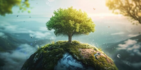 Conceptual image of green tree growing on the top of mountain. Eco friendly creative concept 