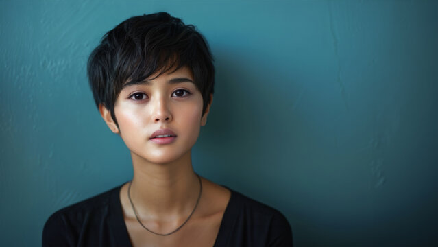 A basic studio headshot of a beautiful Asian model with a pixie haircut and wearing a black top. Natural makeup. Skin care and cosmetics. Copy space.