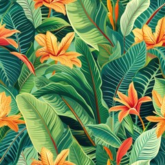 Fototapeta na wymiar Exotic botanical pattern with tropical leaves and flowers. Floral background 1:1