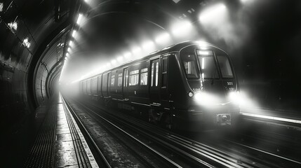 Naklejka premium Ghostly Commute: Capturing Subway Blur in Monochrome