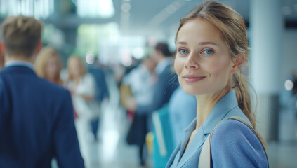 Fototapeta premium Portrait young businesswoman standing in office lobby, smiling. Woman in suit, successful manager with arms crossed, looking camera with pride. Corporate leadership and teamwork.