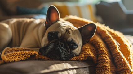 Cute french bulldog sleeping on sofa at home in the morning - Powered by Adobe