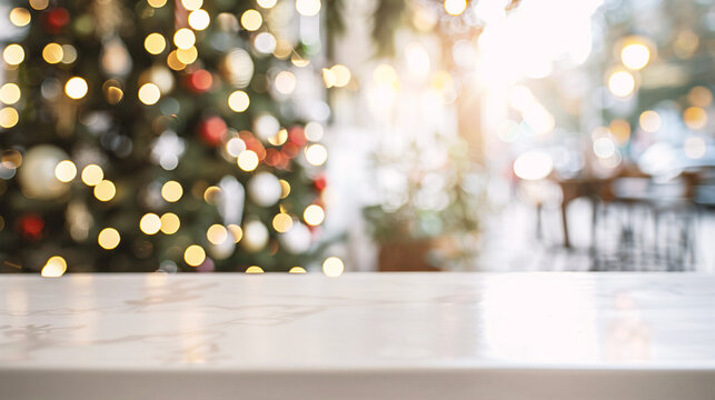 Christmas background with empty white wooden table over bokeh lights.