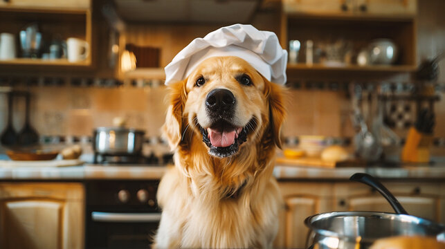 Cute golden retriever dog in chef's hat and apron in the kitchen