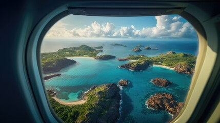 View of the island in the ocean from the aircraft window from the inside of the aircraft cabin from the passenger seat. Vacation concept