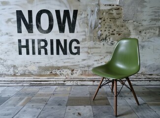 Simple wall with the text "NOW HIRING". The word is written in black marker and says now printing on a white background with a green chair next to the writing.
