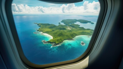 Naklejka premium View of the island in the ocean from the aircraft window from the inside of the aircraft cabin from the passenger seat. Vacation concept