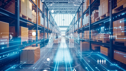 Smart warehouse environment, Futuristic storage facility with interactive digital overlays