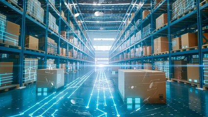 Smart warehouse environment, Futuristic storage facility with interactive digital overlays