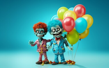 Fototapeta premium Two funny cartoon zombies in suits holding hands with red, yellow, green and blue balloons